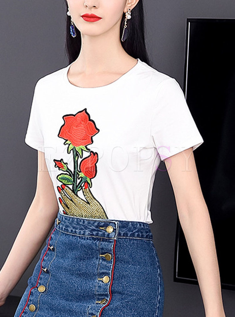 Rose Embroidery Short Sleeve T-Shirt